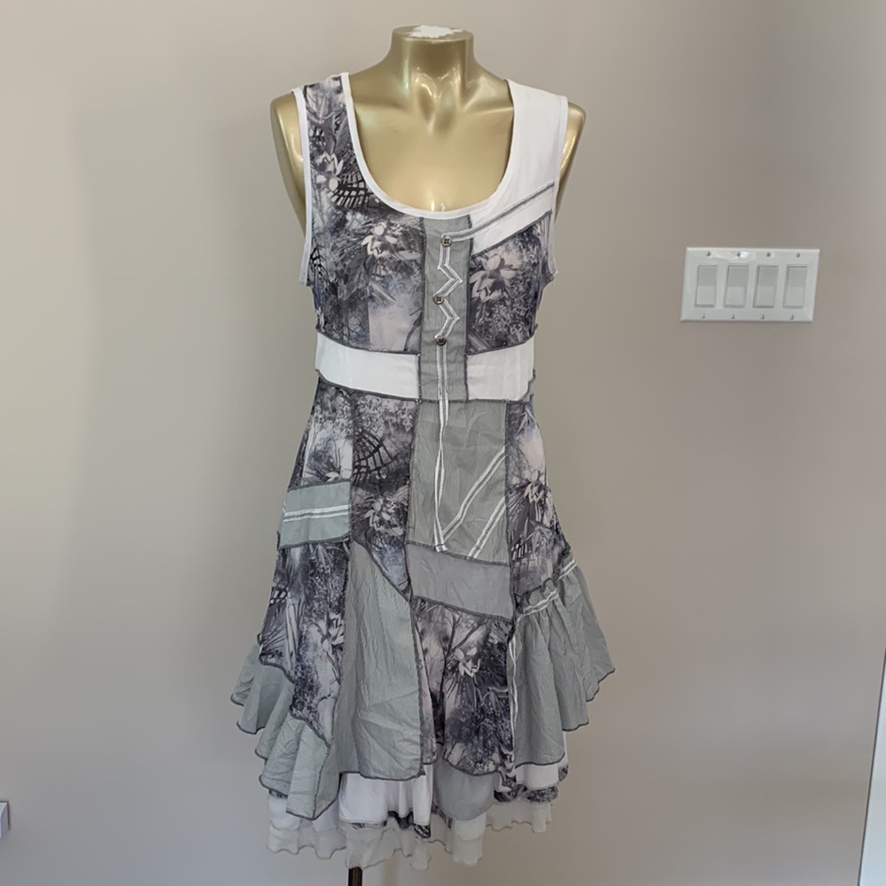 Dress , multi color white, grey with ruffles